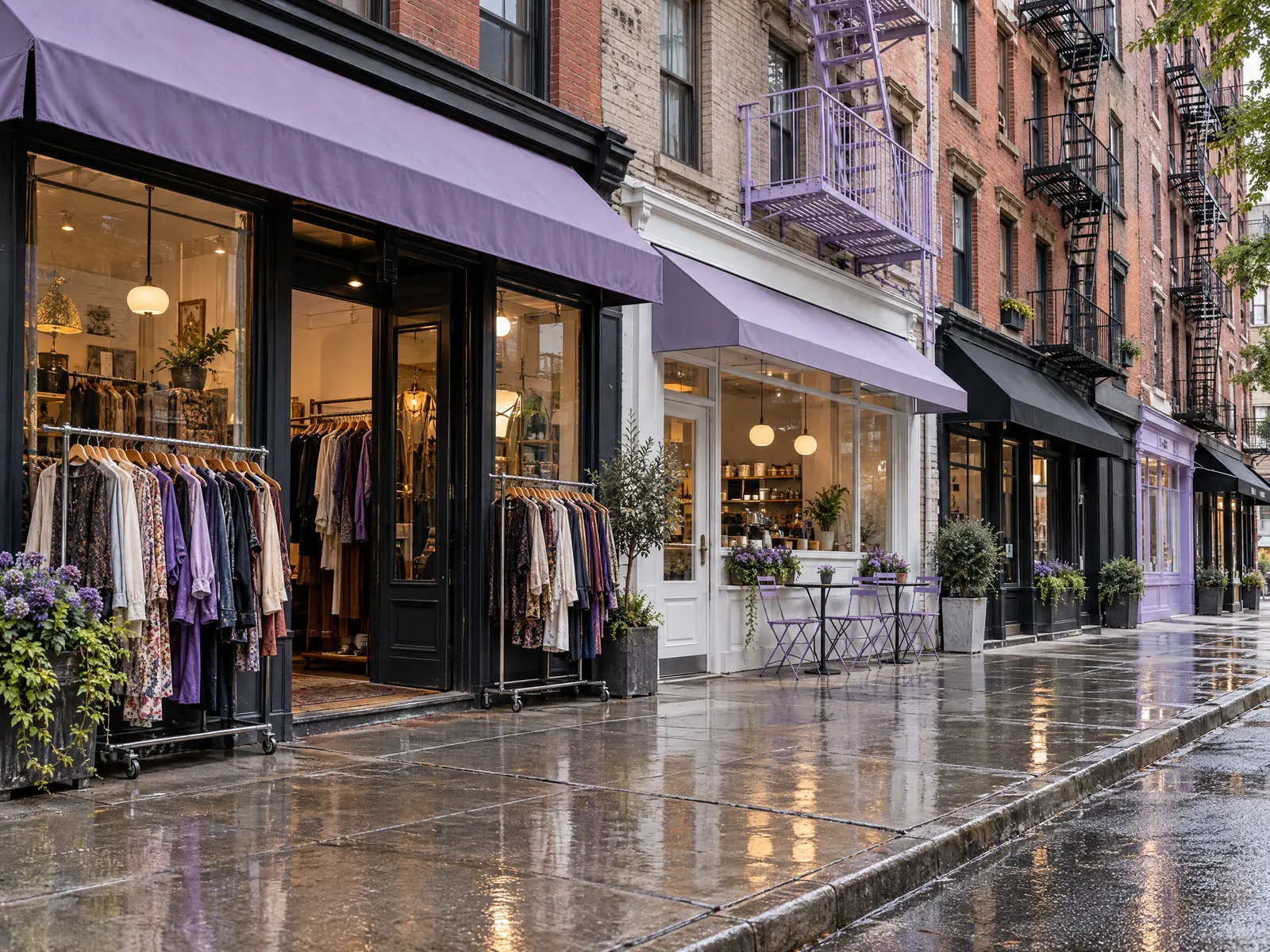 Rain wet sidewalk beside a vintage clothing shop and cafe with lavender awnings