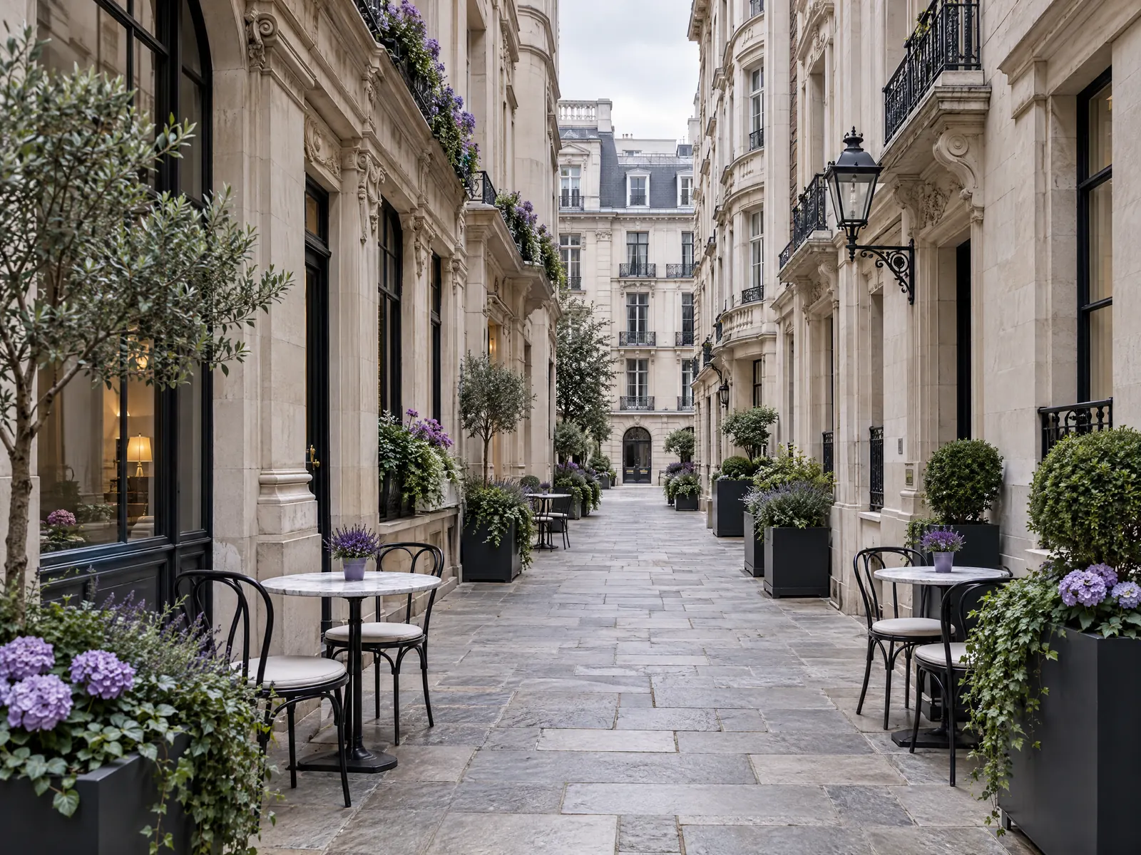 Narrow stone paved lane between ornate limestone buildings with bistro tables and planters