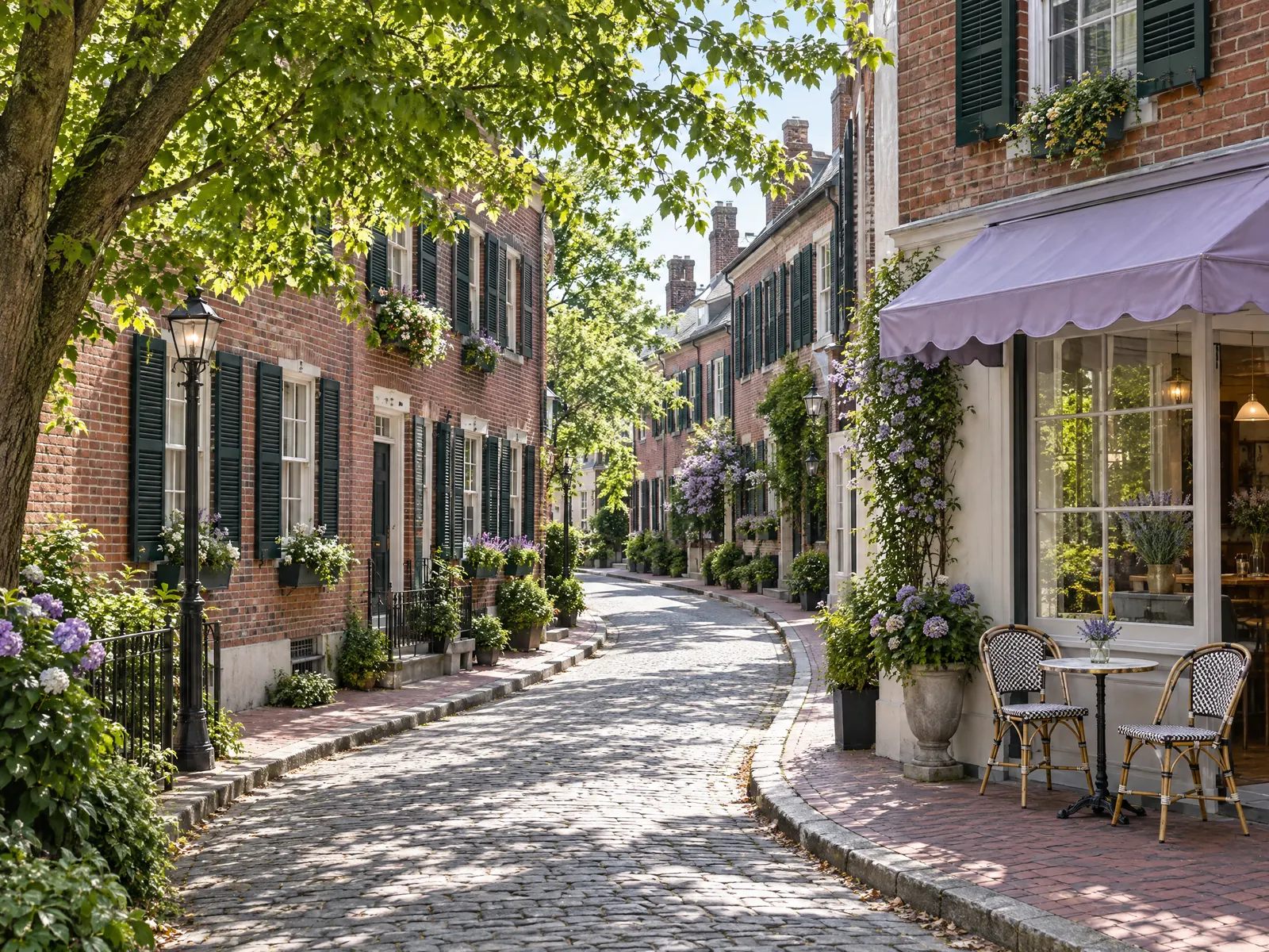 Curving cobblestone street of brick row houses with a corner cafe under a lavender awning