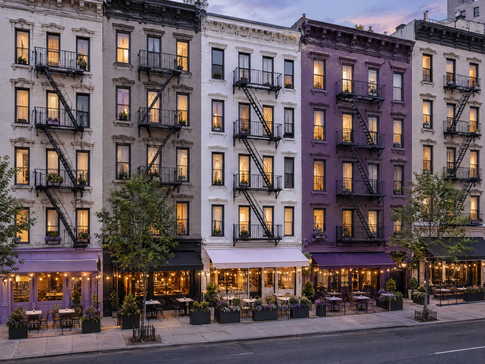 Tenement row with fire escapes and lit restaurants with sidewalk tables in early evening
