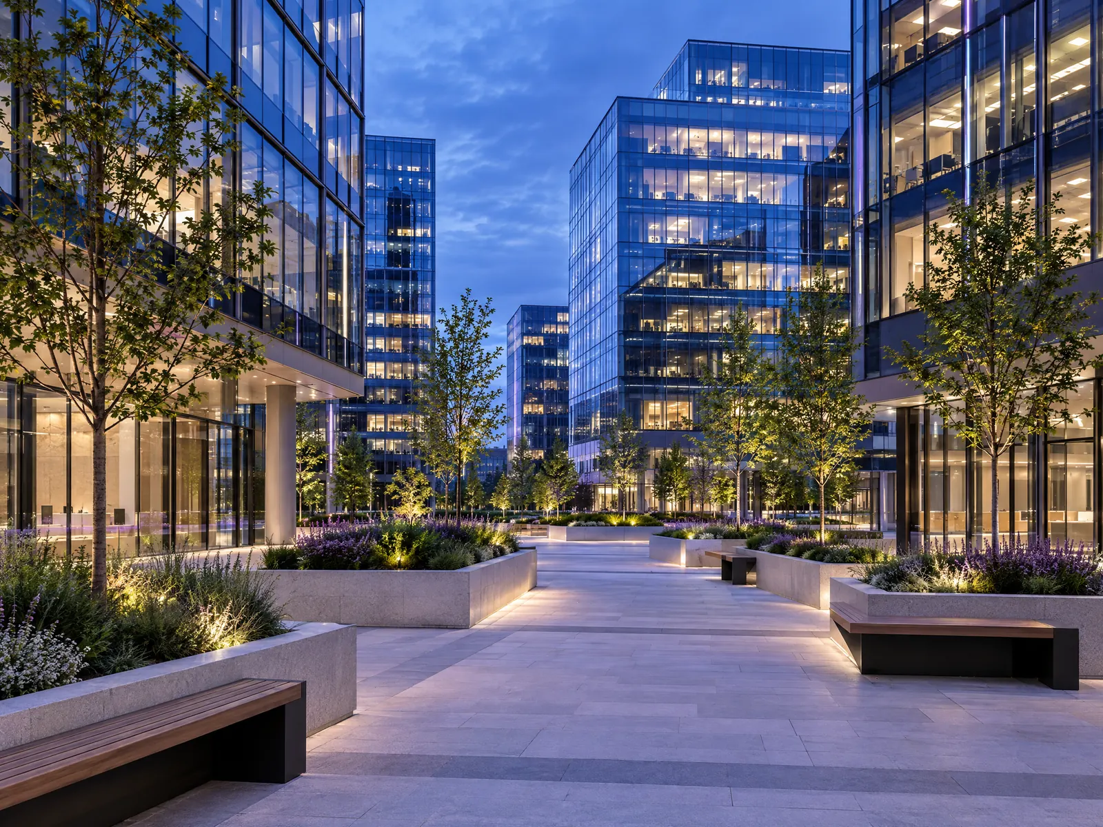 Landscaped plaza with benches and young trees among glass office towers at blue hour
