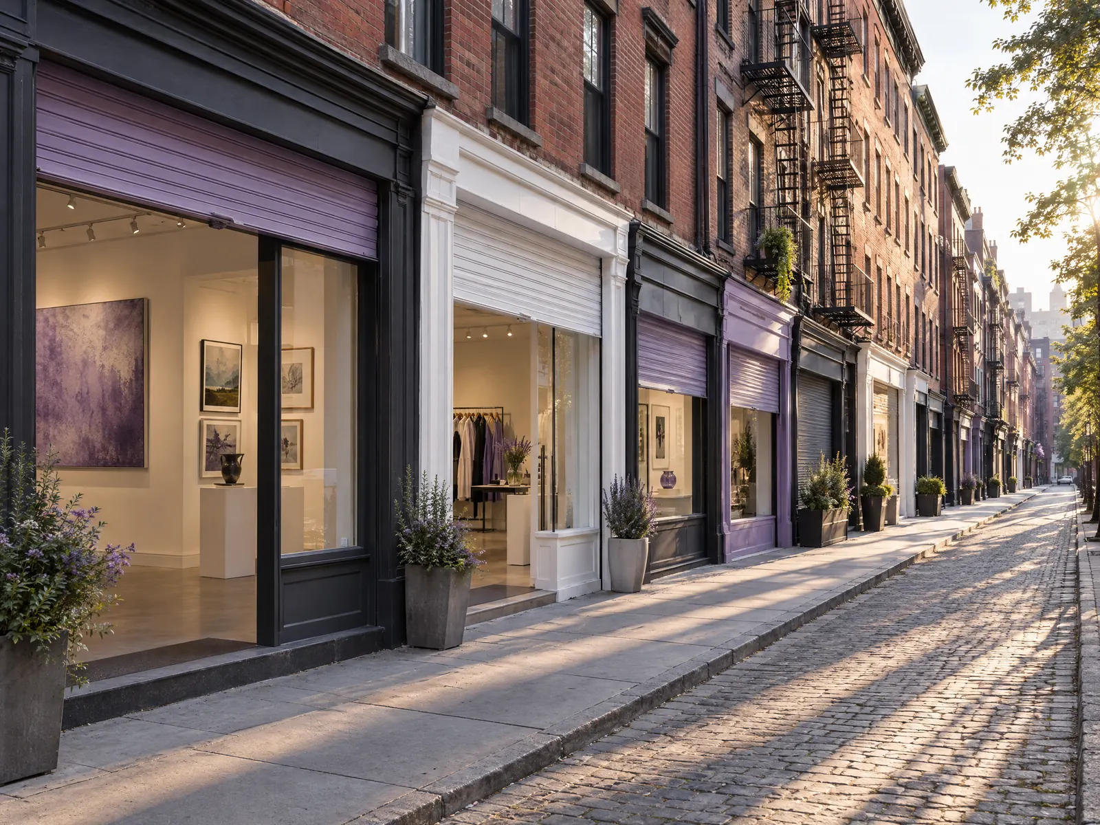 Narrow street of brick tenements with small art galleries and half raised shop gates