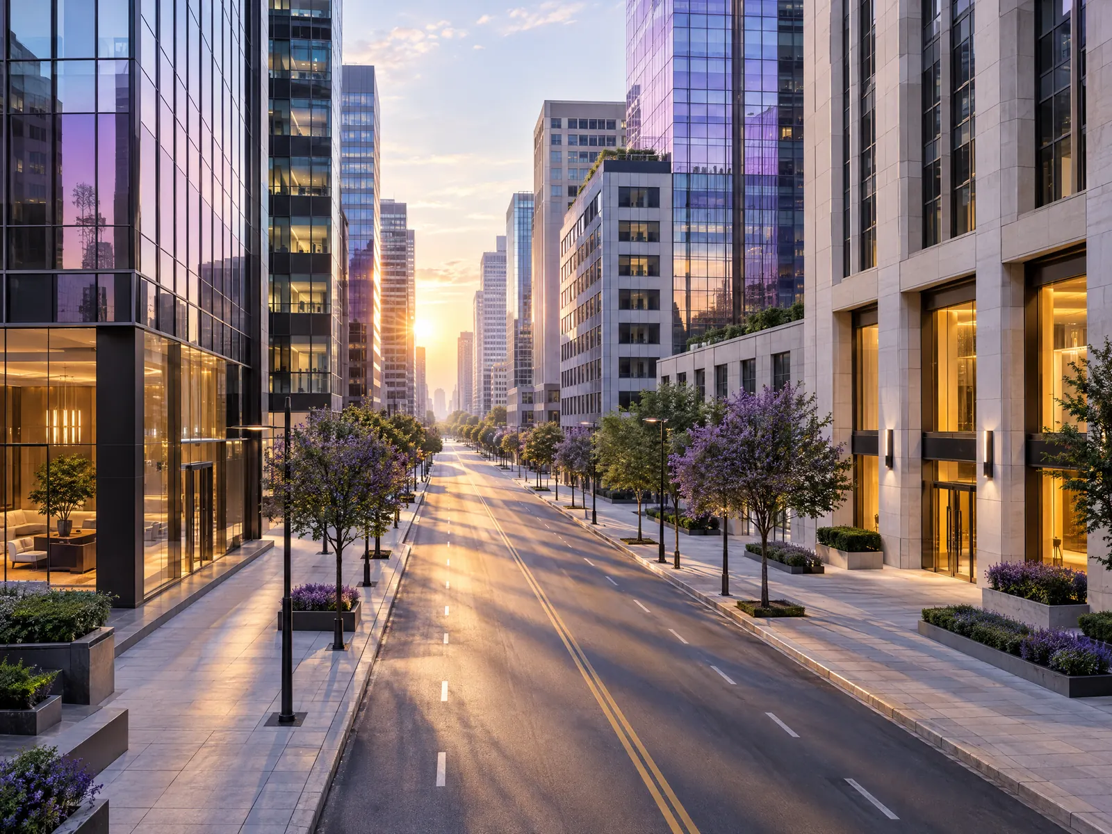 Wide avenue between glass and limestone office towers with glowing lobbies at sunrise