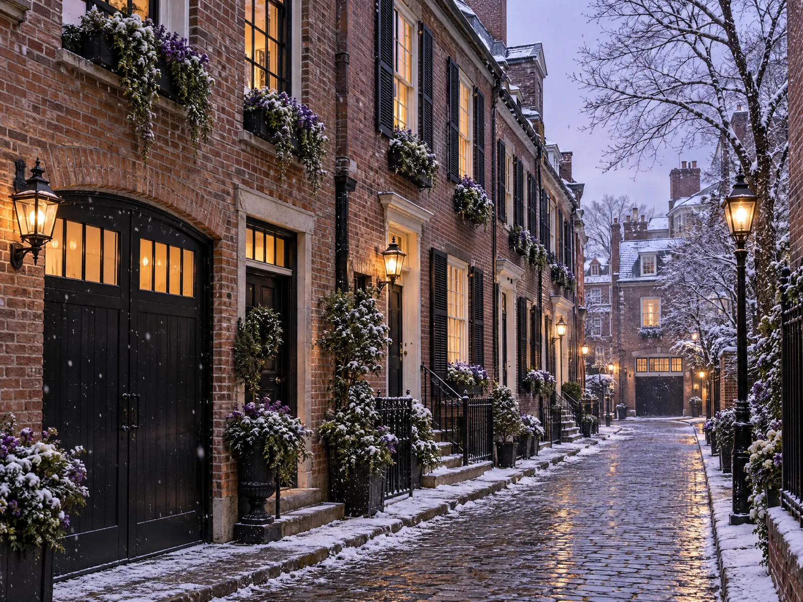 Snowy cobblestone mews of brick carriage houses with glowing lanterns at dusk