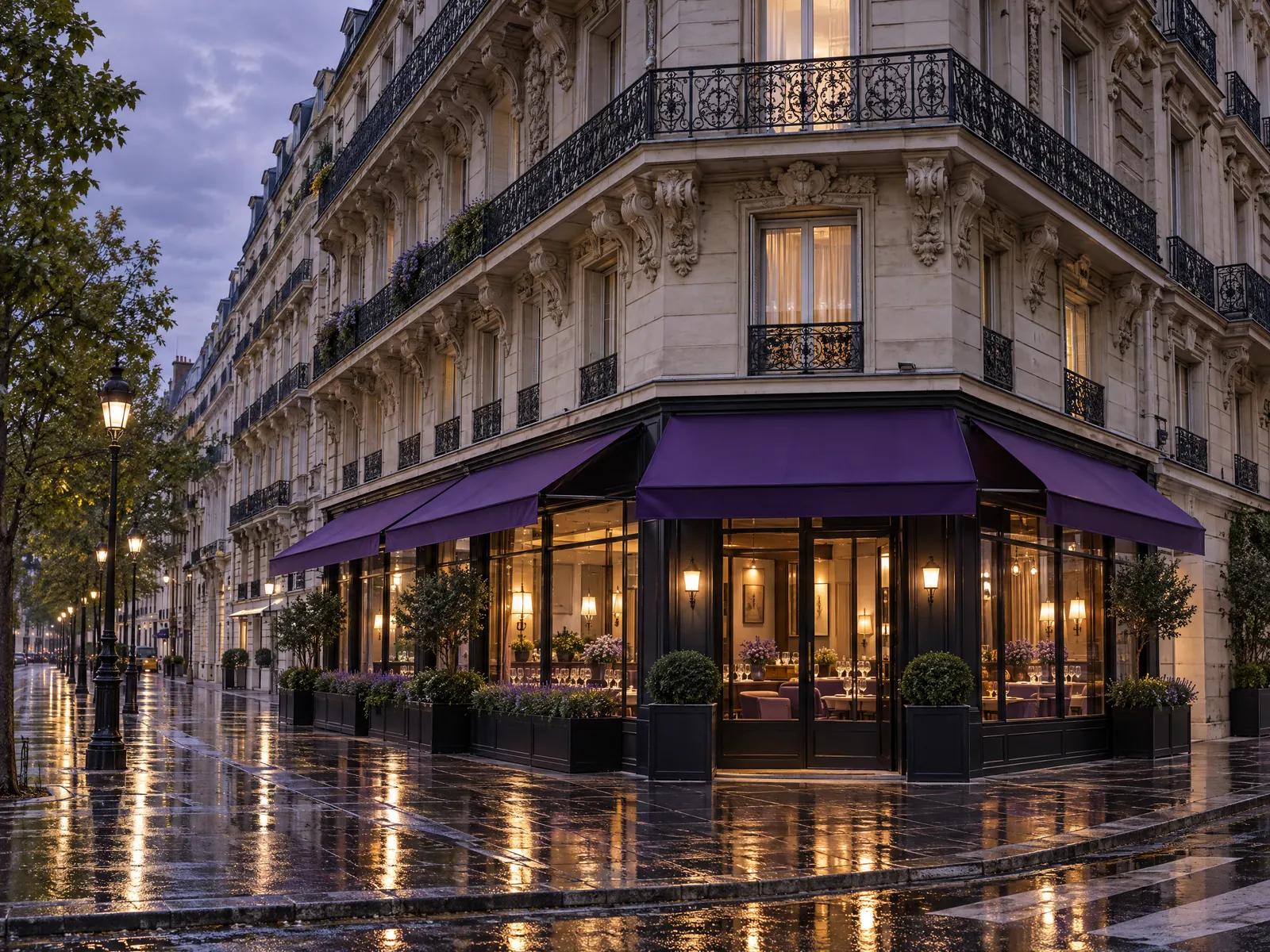 Ornate stone corner building with purple awnings over a glowing restaurant on a rainy evening