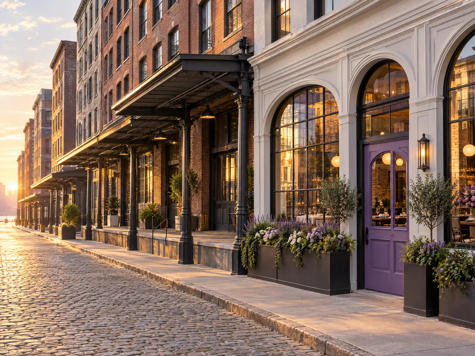 Cobblestone street of converted brick warehouses with a purple door at golden hour