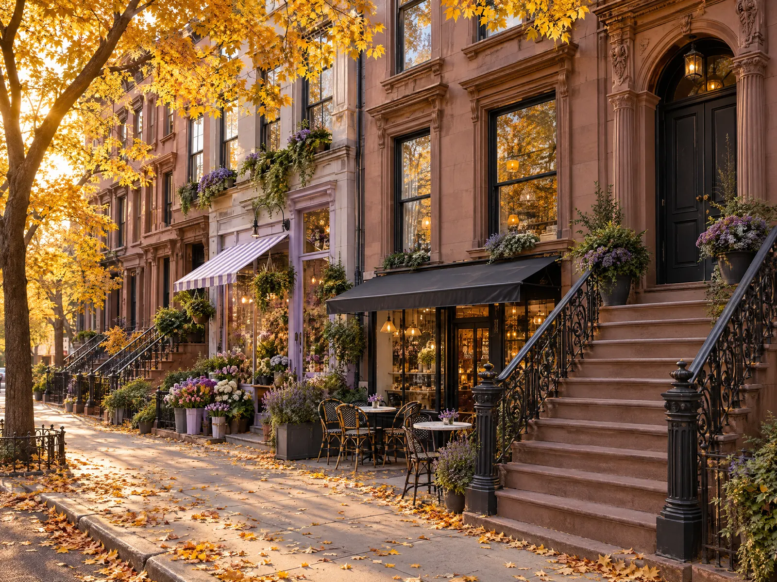 Brownstone row with tall stoops and a small cafe under golden autumn trees