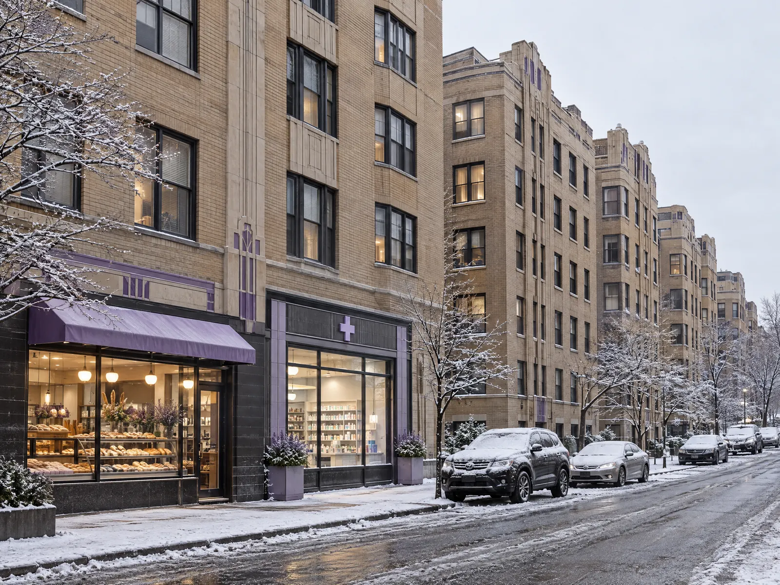 Tan brick art deco apartment buildings with a bakery and pharmacy on a snowy street
