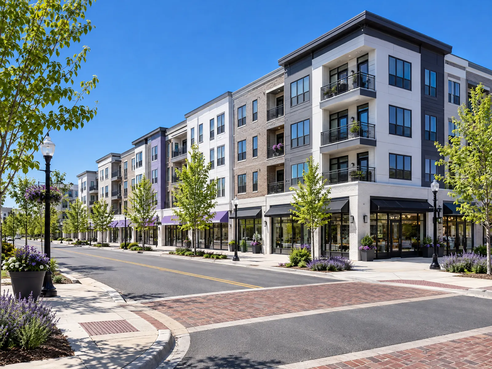 New four story apartment building with ground floor shops and brick paver crosswalks