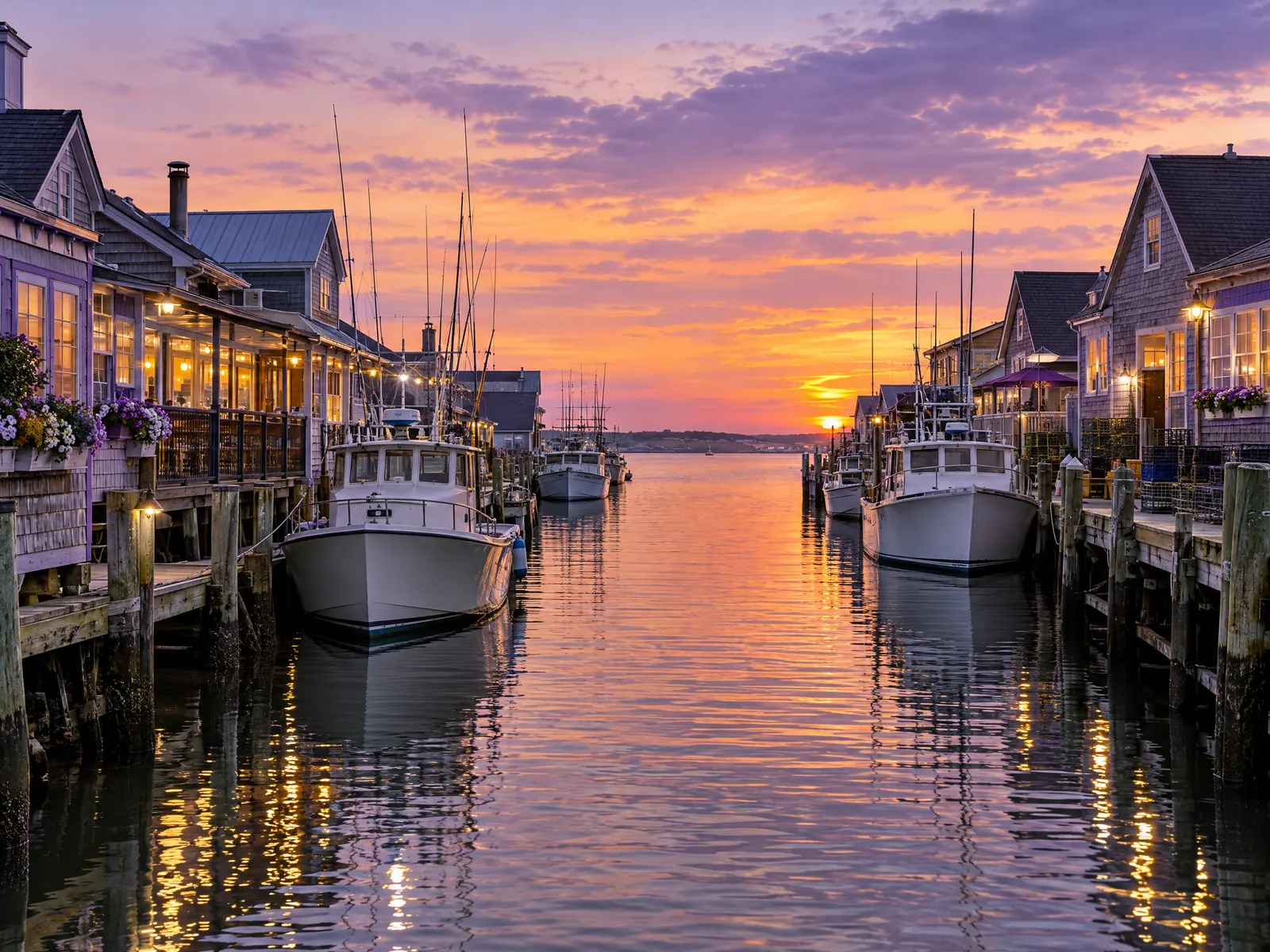 Canal lined with shingled restaurants on pilings and docked fishing boats at sunset