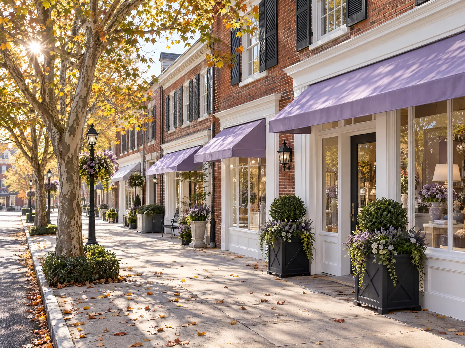 Red brick shop row with lavender awnings under autumn plane trees in morning sun