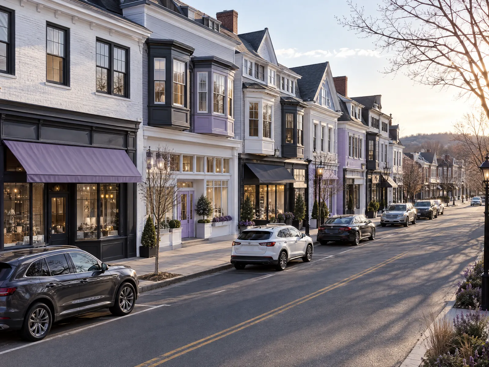 Two and three story shops with bay windows above a quiet street in winter sun