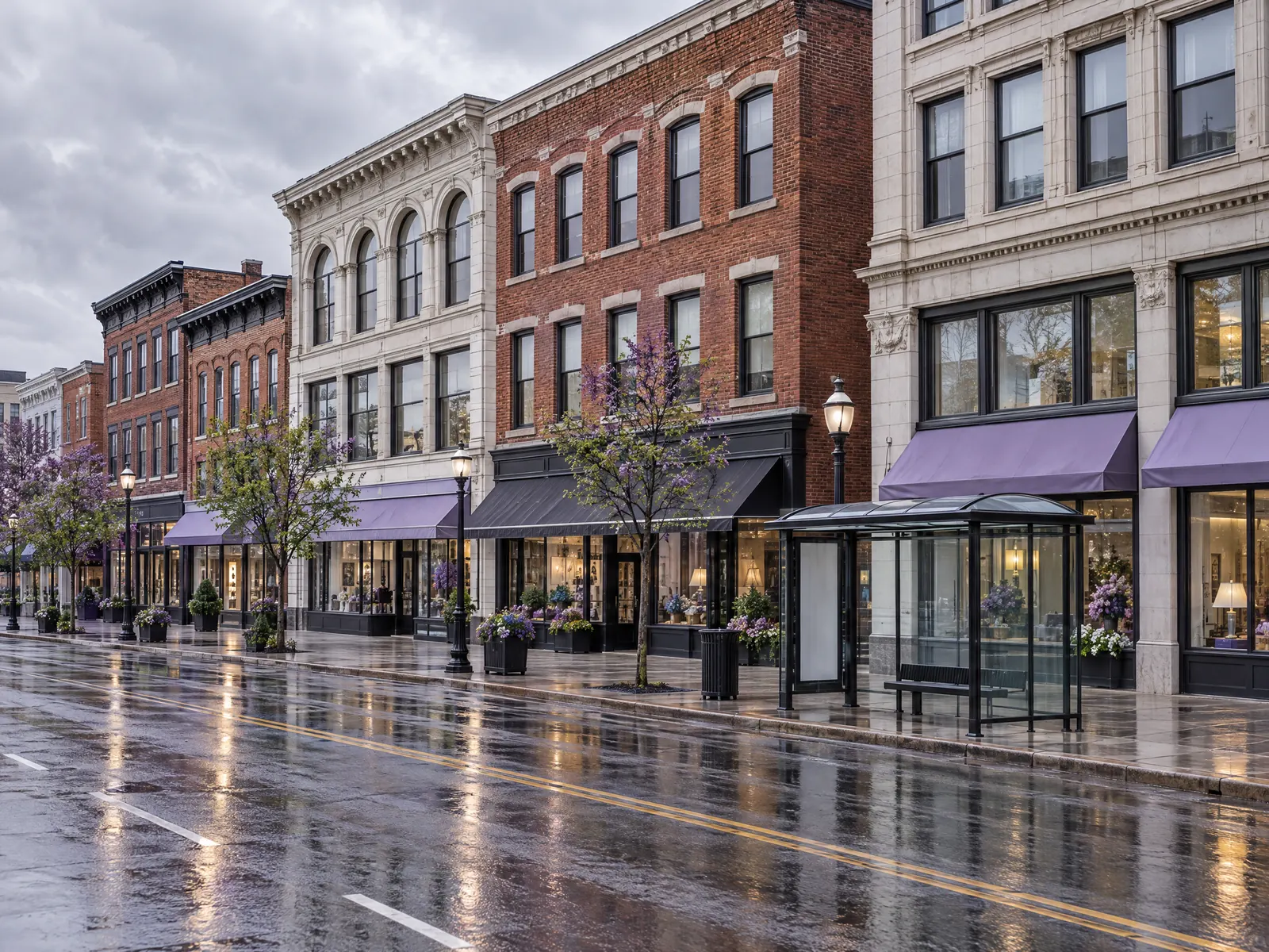 Brick and stone downtown buildings with a glass bus shelter on a rain soaked street