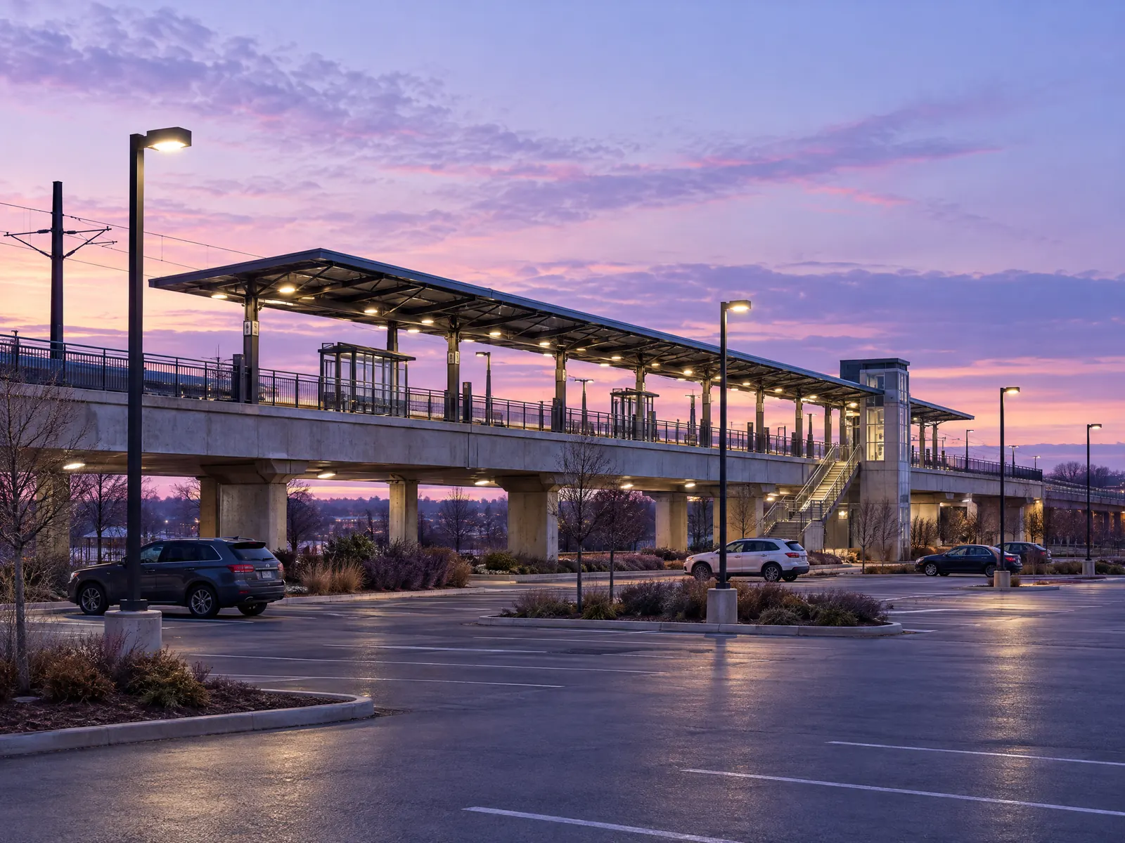 Elevated commuter rail platform above an empty parking lot at dawn under a purple sky