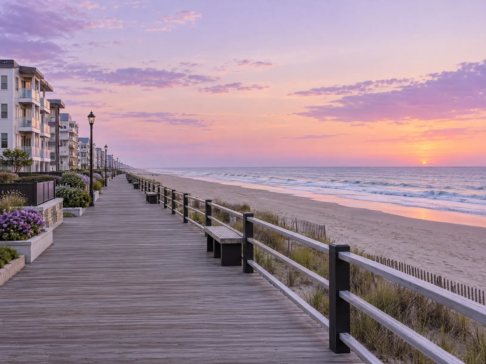 Empty wooden boardwalk beside a wide sandy beach and low apartment buildings at sunrise