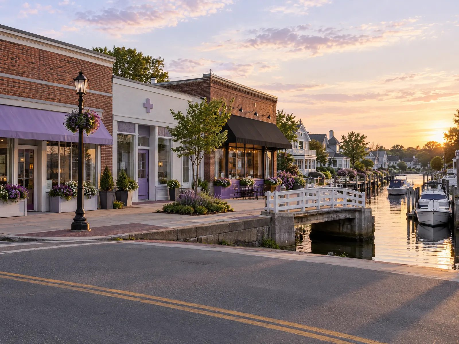 Brick storefronts beside a small bridge over a canal with docked boats at sunset