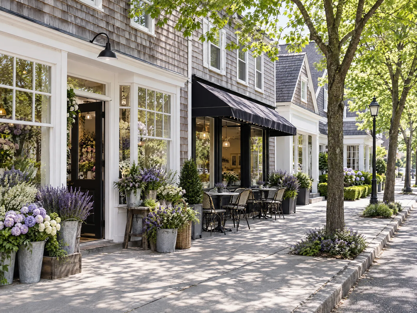 Cedar shingle storefronts with a florist display of lavender blooms and cafe tables