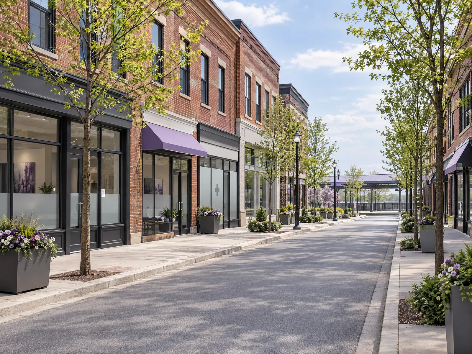 Tree lined street of brick office storefronts leading to a commuter rail platform