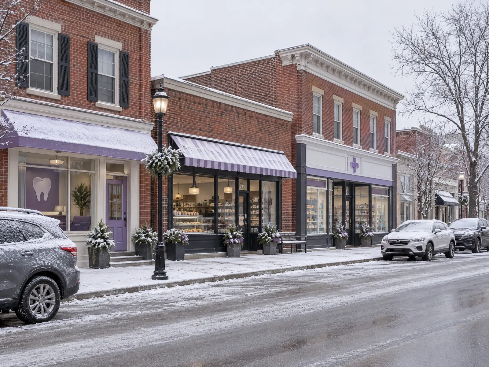 Brick storefronts with a dental office, bakery and pharmacy after a light snowfall