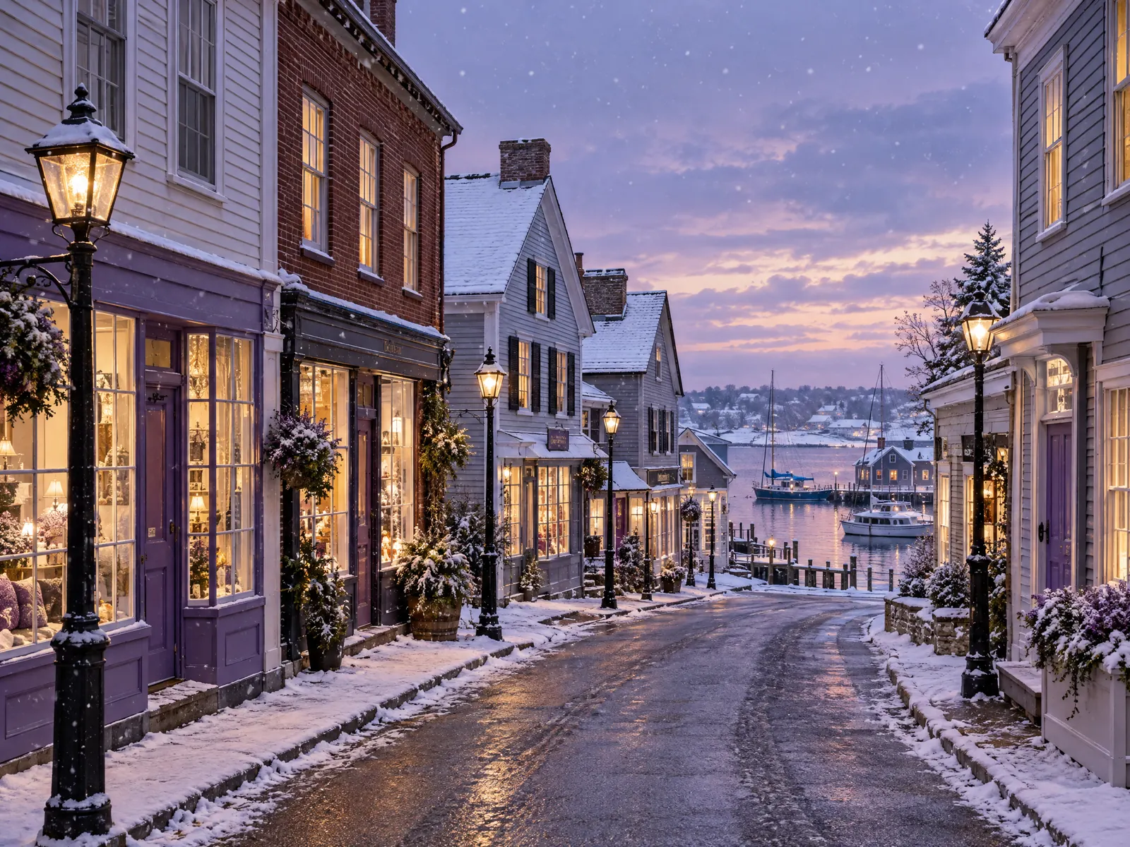 Snowy village street of clapboard and brick shops sloping down to a harbor at dusk