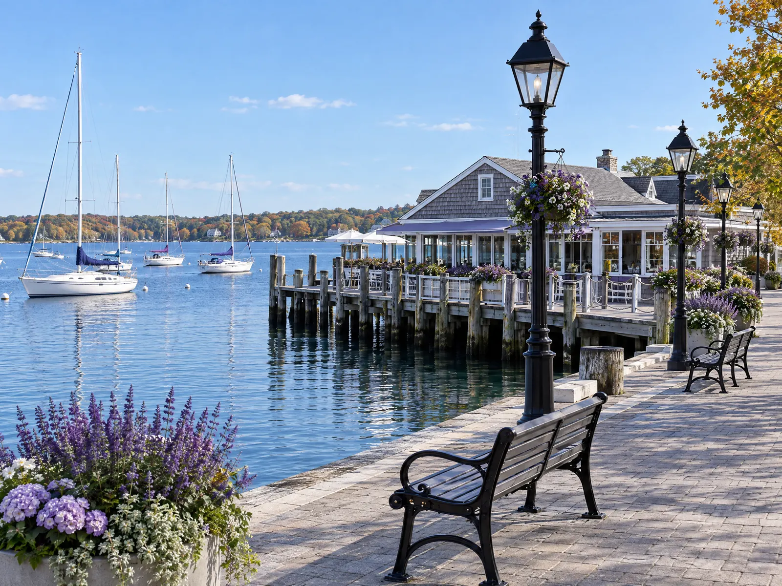 Waterfront promenade with benches and lamp posts beside a pier and moored sailboats