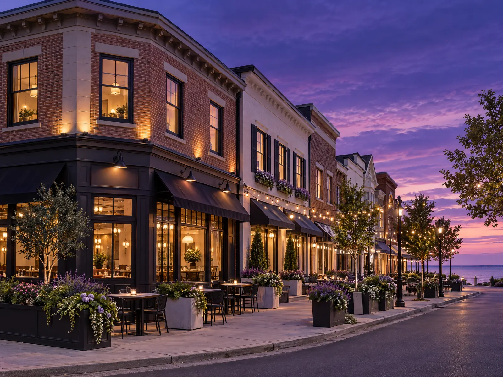 Brick restaurant row at dusk with lit windows, empty outdoor tables and string lights