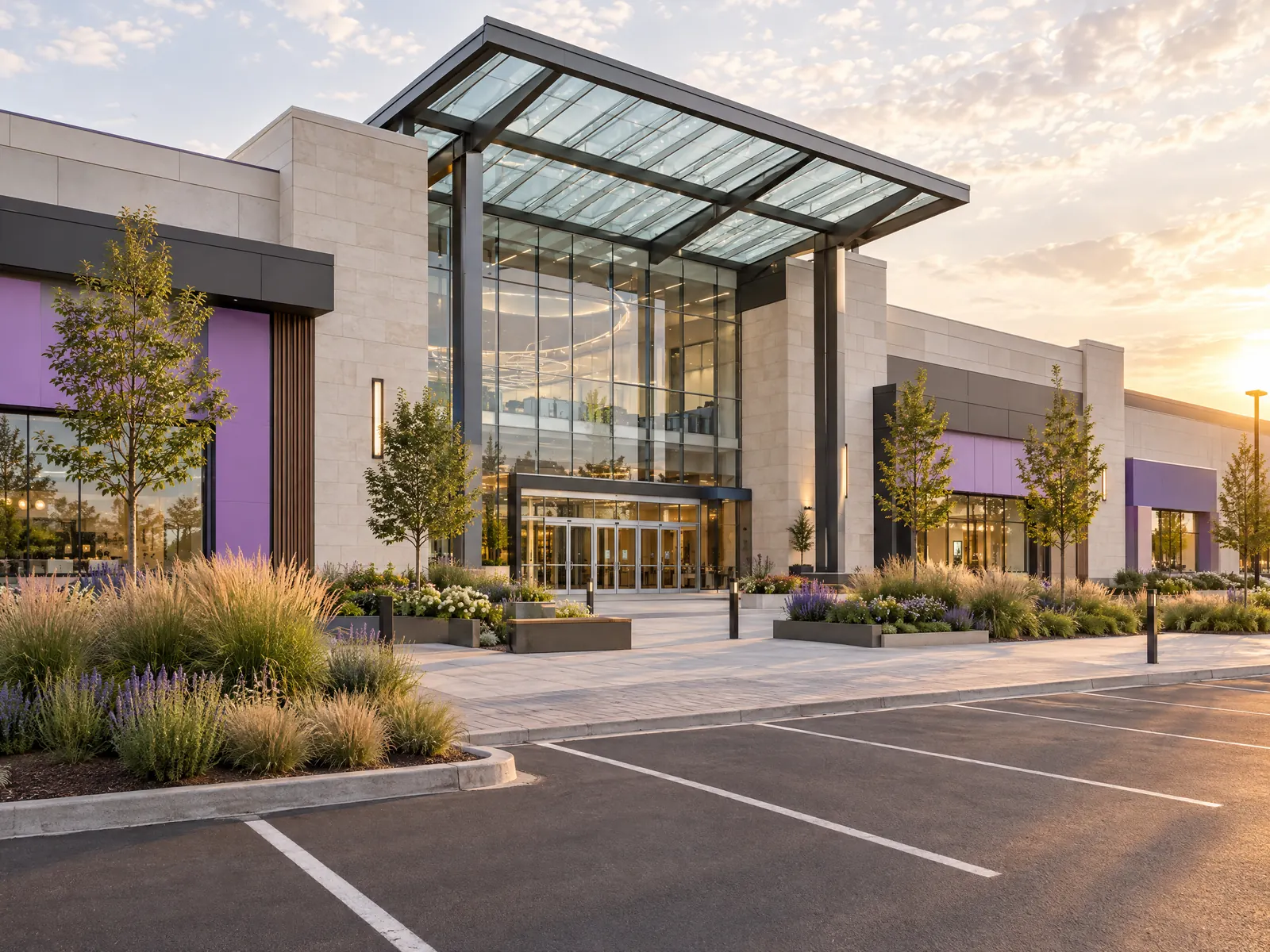 Shopping mall entrance with a tall glass canopy and landscaped plaza at golden hour