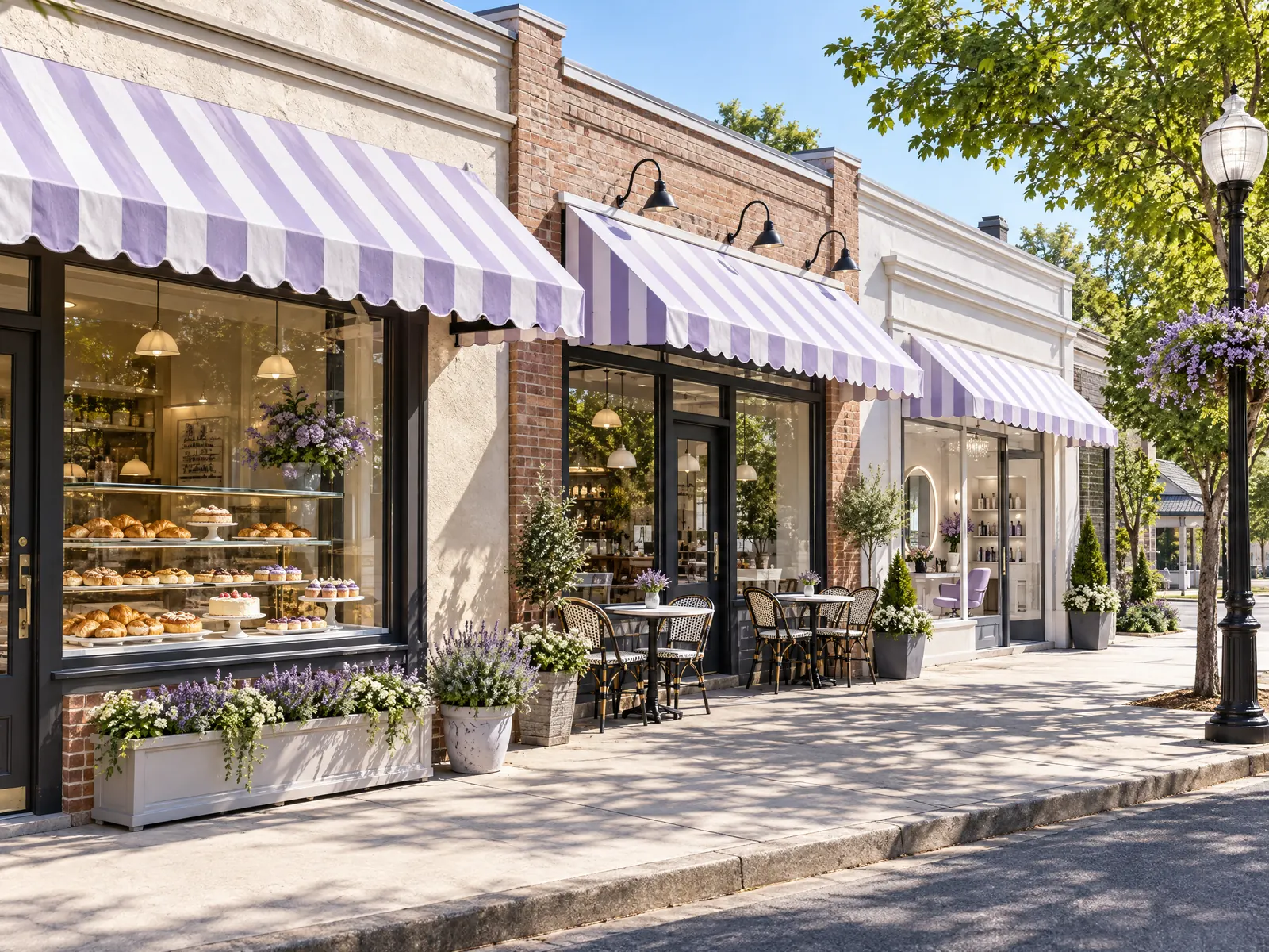 Bakery and cafe storefronts with striped lavender awnings and pastries in a sunny window