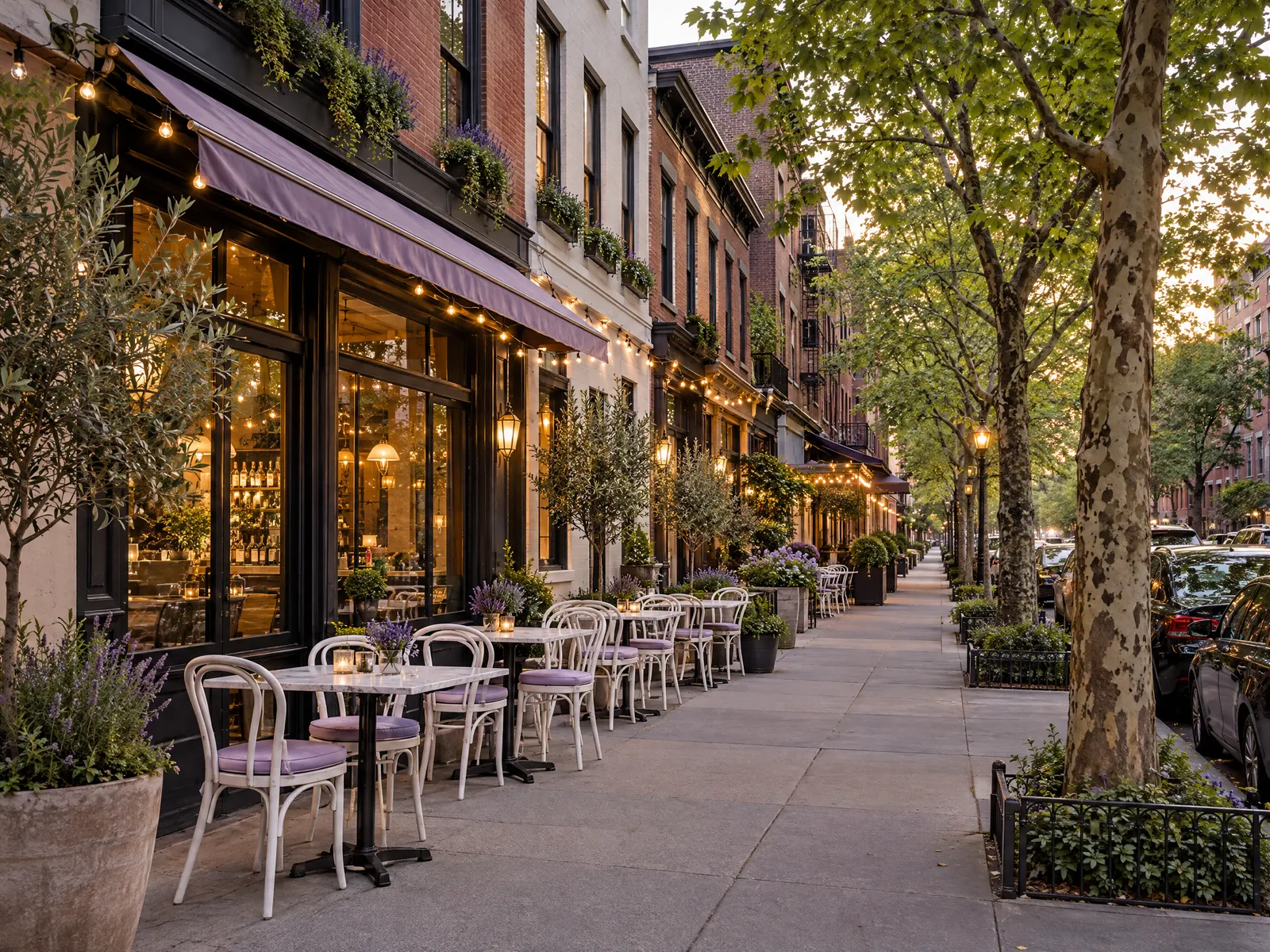 Sidewalk cafe tables with lavender cushions under string lights on a tree lined evening street