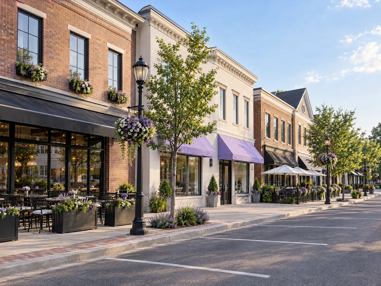 Main street restaurants and offices with lavender awnings and flower baskets on lamp posts