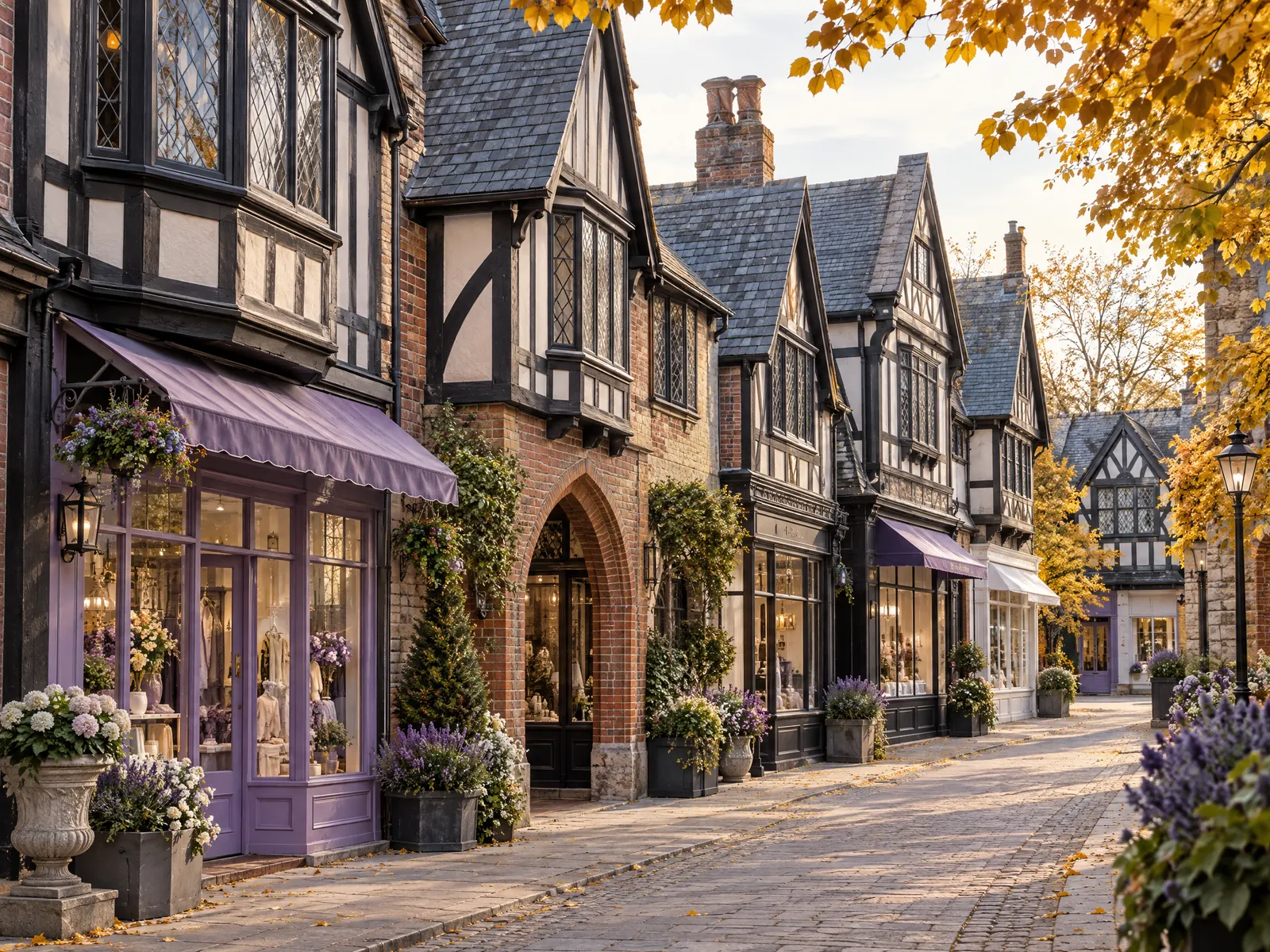 Tudor style shop row with half timbering, slate roofs and lavender awnings in autumn