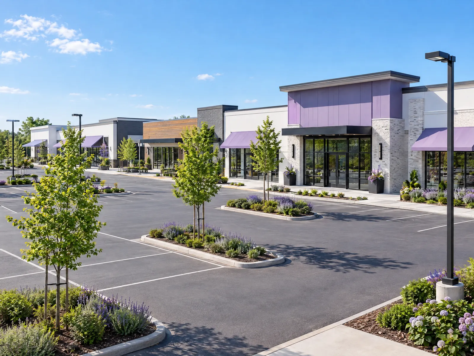 One story shopping center with lavender accents and a tidy landscaped parking lot