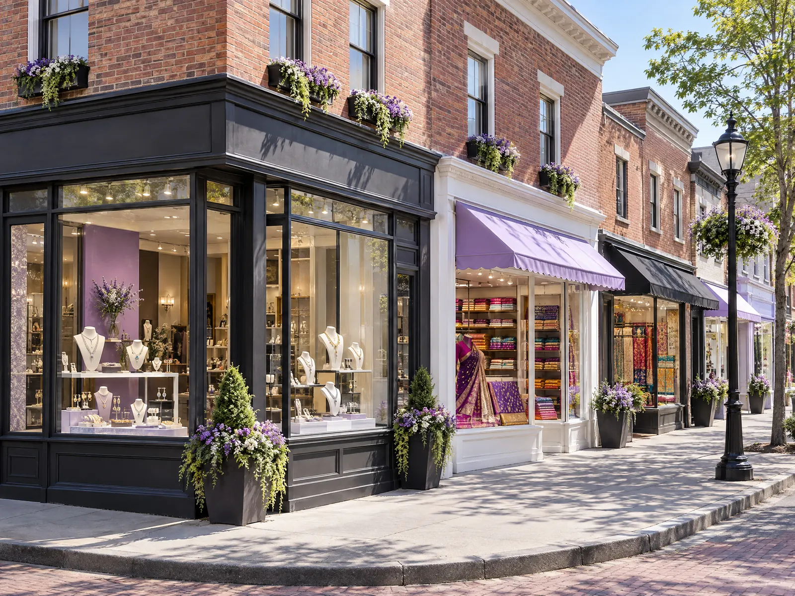 Corner jewelry store and a shop with colorful fabrics in a brick building row