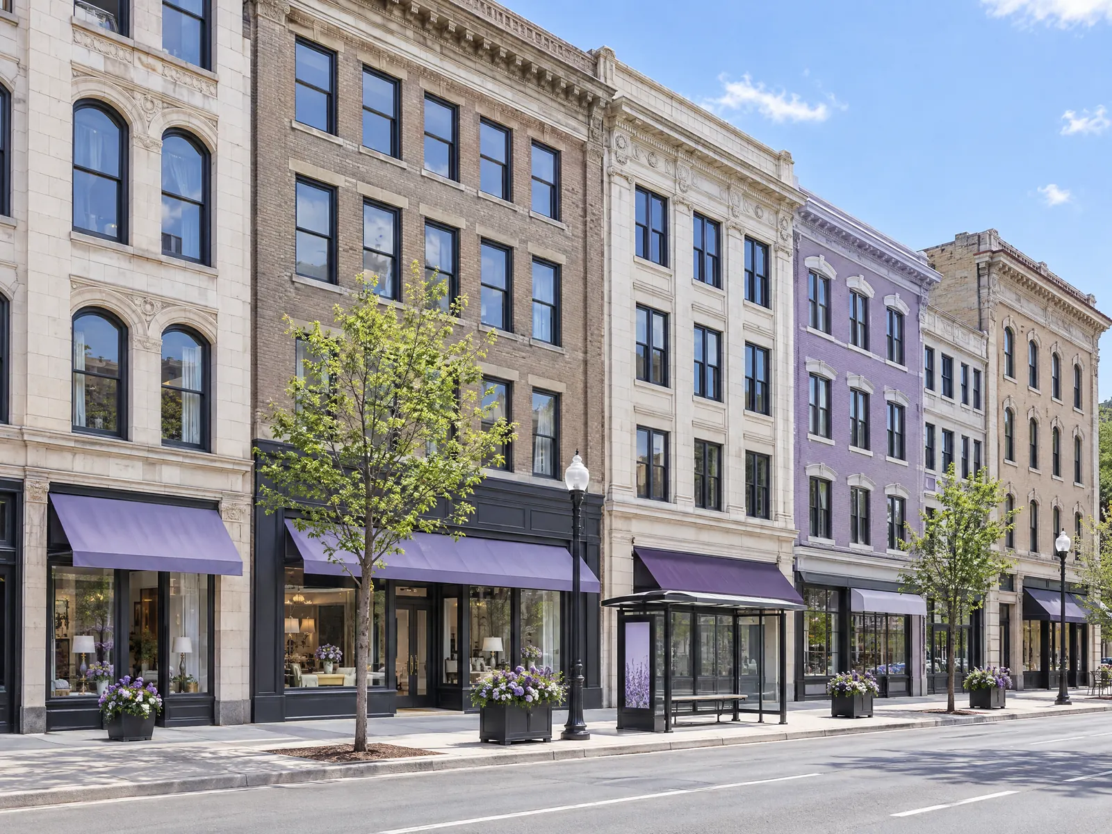 Avenue of four story masonry buildings with lavender awnings, a bus shelter and street trees