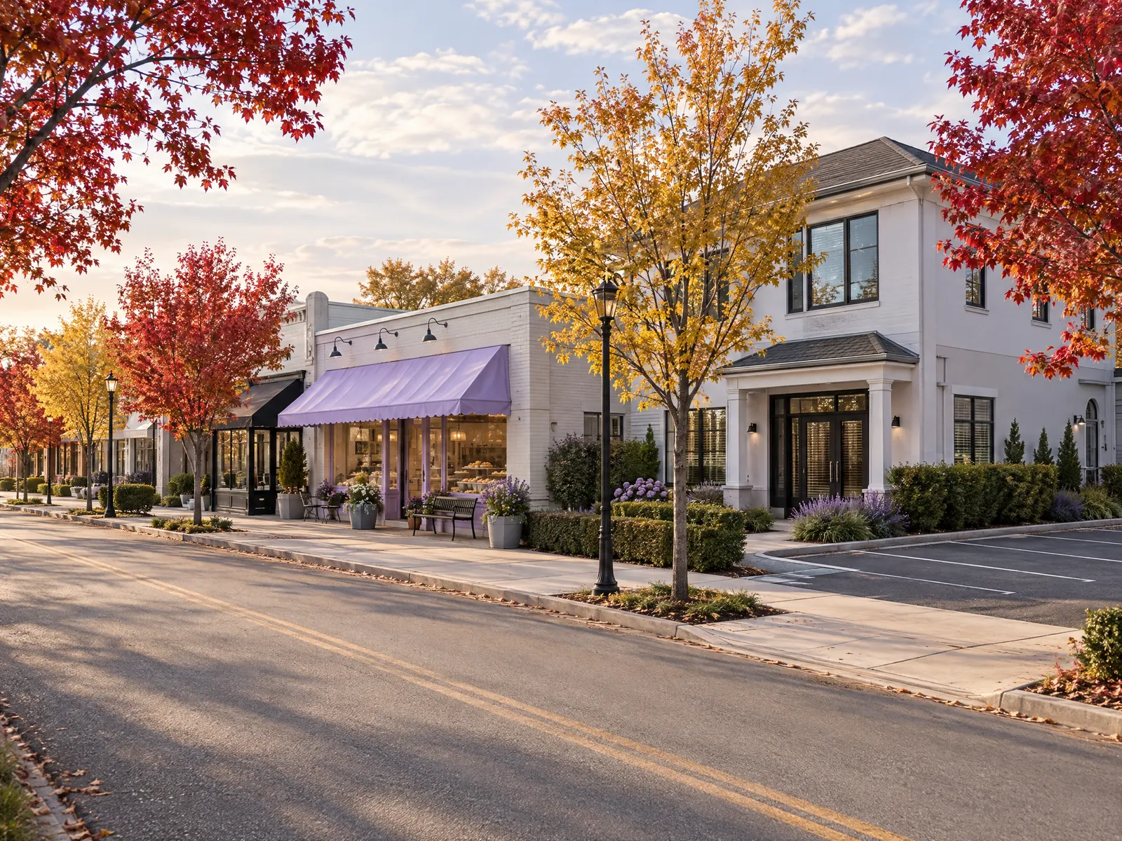 Low commercial buildings with a lavender awning on a boulevard of red and gold trees