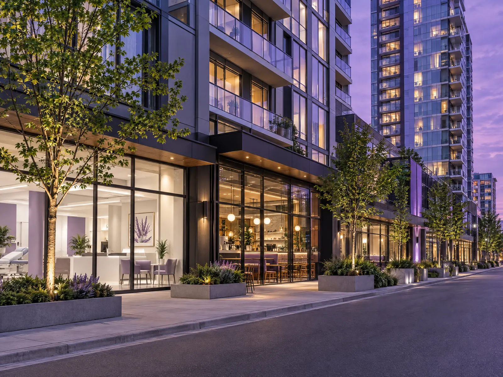 Glass residential towers with a lit clinic and cafe at street level at dusk