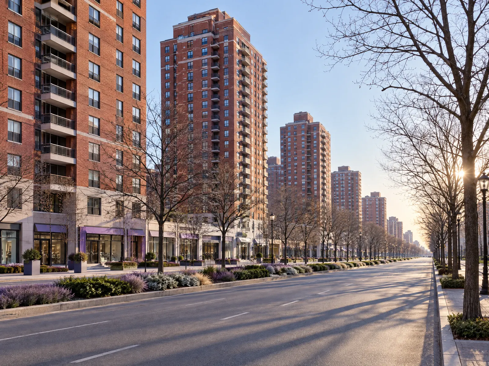 Tall red brick apartment towers along a wide boulevard on a bright winter morning