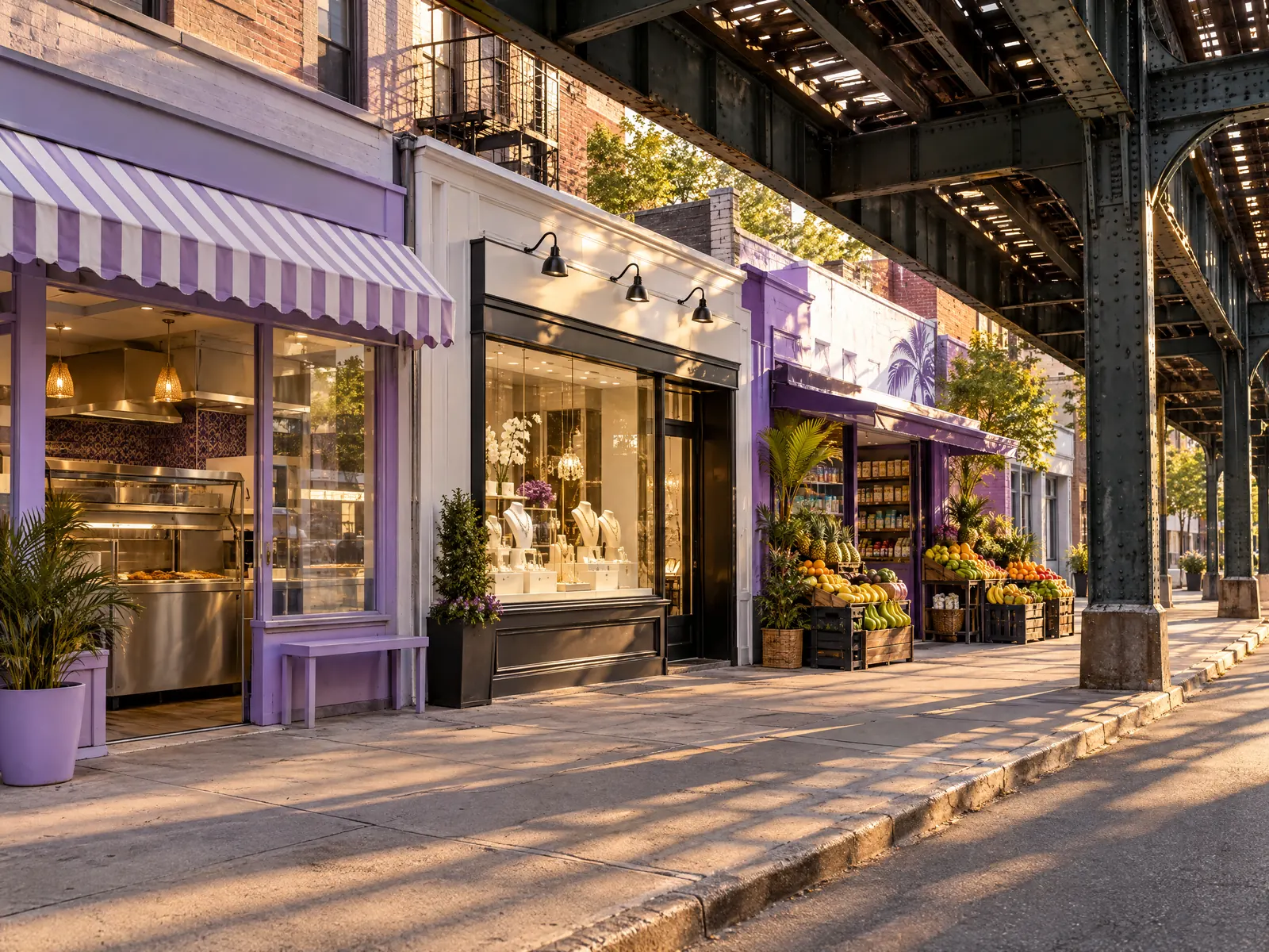 Brightly trimmed shops with fruit displays beneath an elevated train line at golden hour
