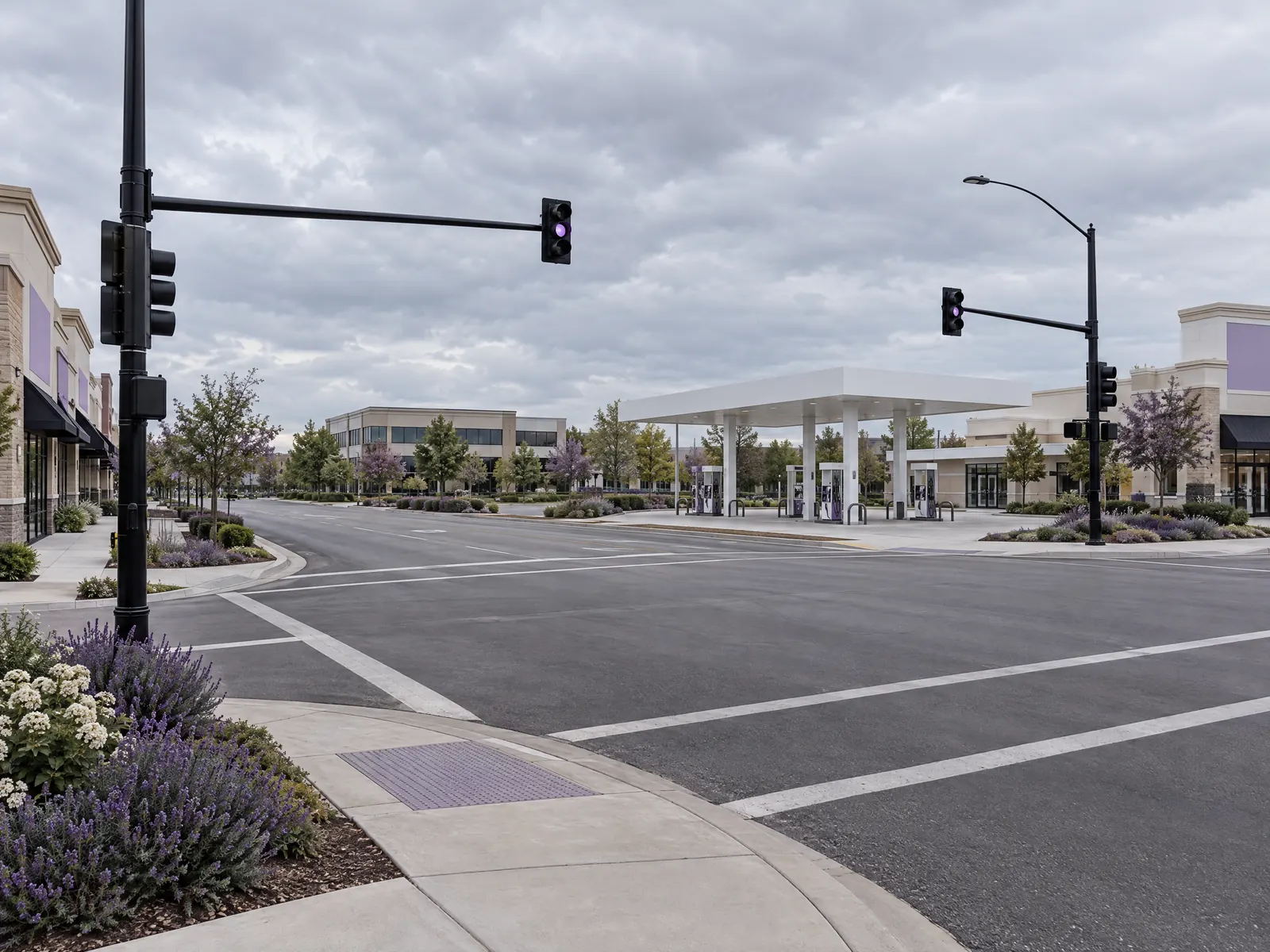 Wide empty intersection with traffic lights, a white gas canopy and shopping centers