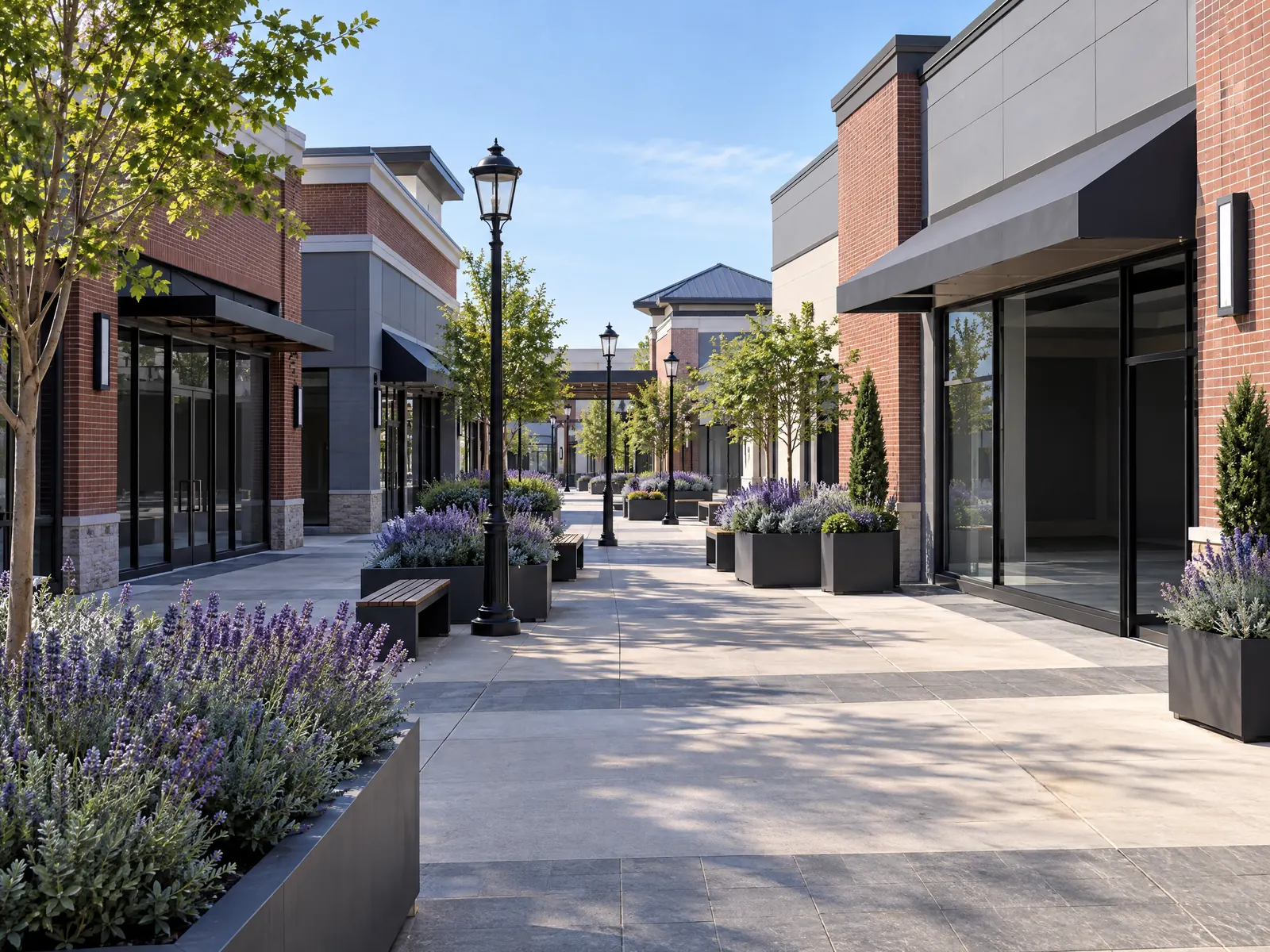 Open air shopping center walkway with brick storefronts and lavender planters in sunshine