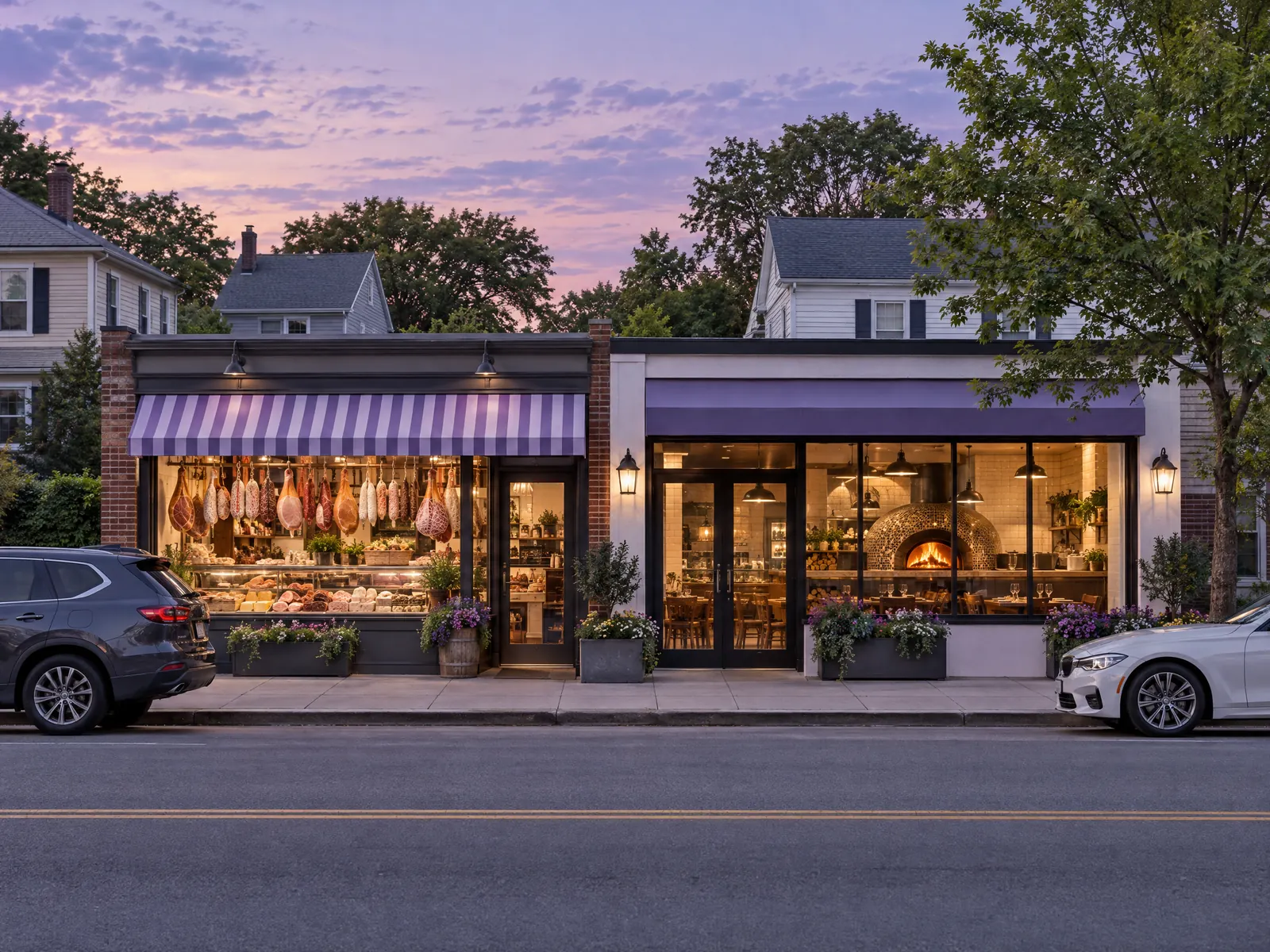 Small shopping strip with an Italian deli and pizzeria glowing at twilight