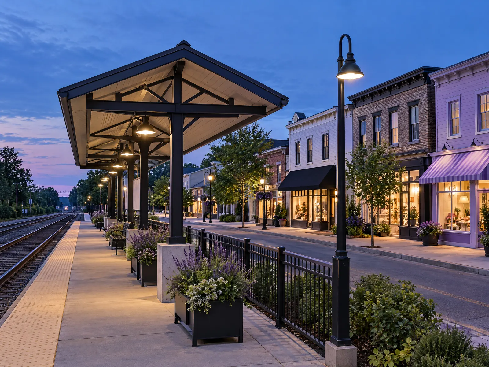 Train platform canopy beside a quiet street of lit shops at dusk