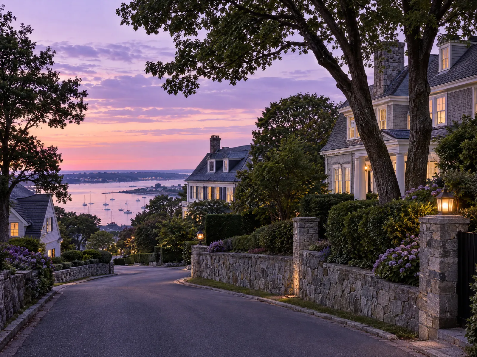Winding road past stone walls and large homes above a harbor at dusk