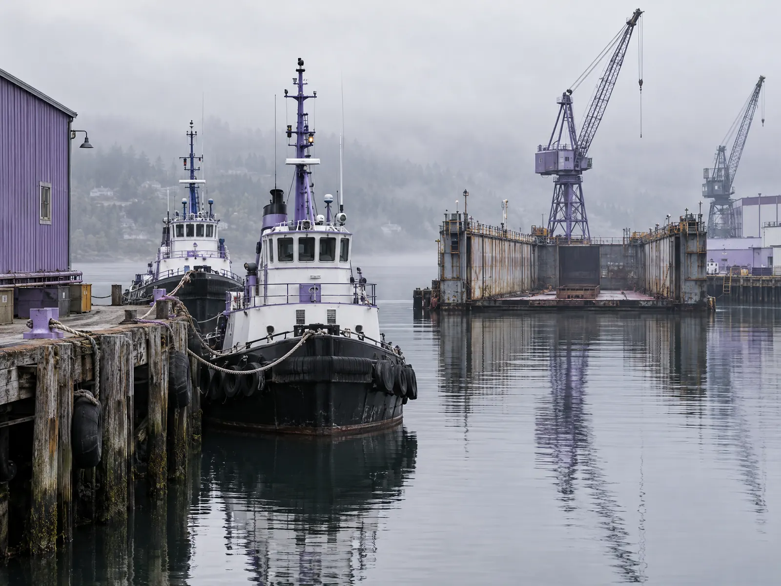 Tugboats moored at a wooden pier beside a dry dock and cranes in fog
