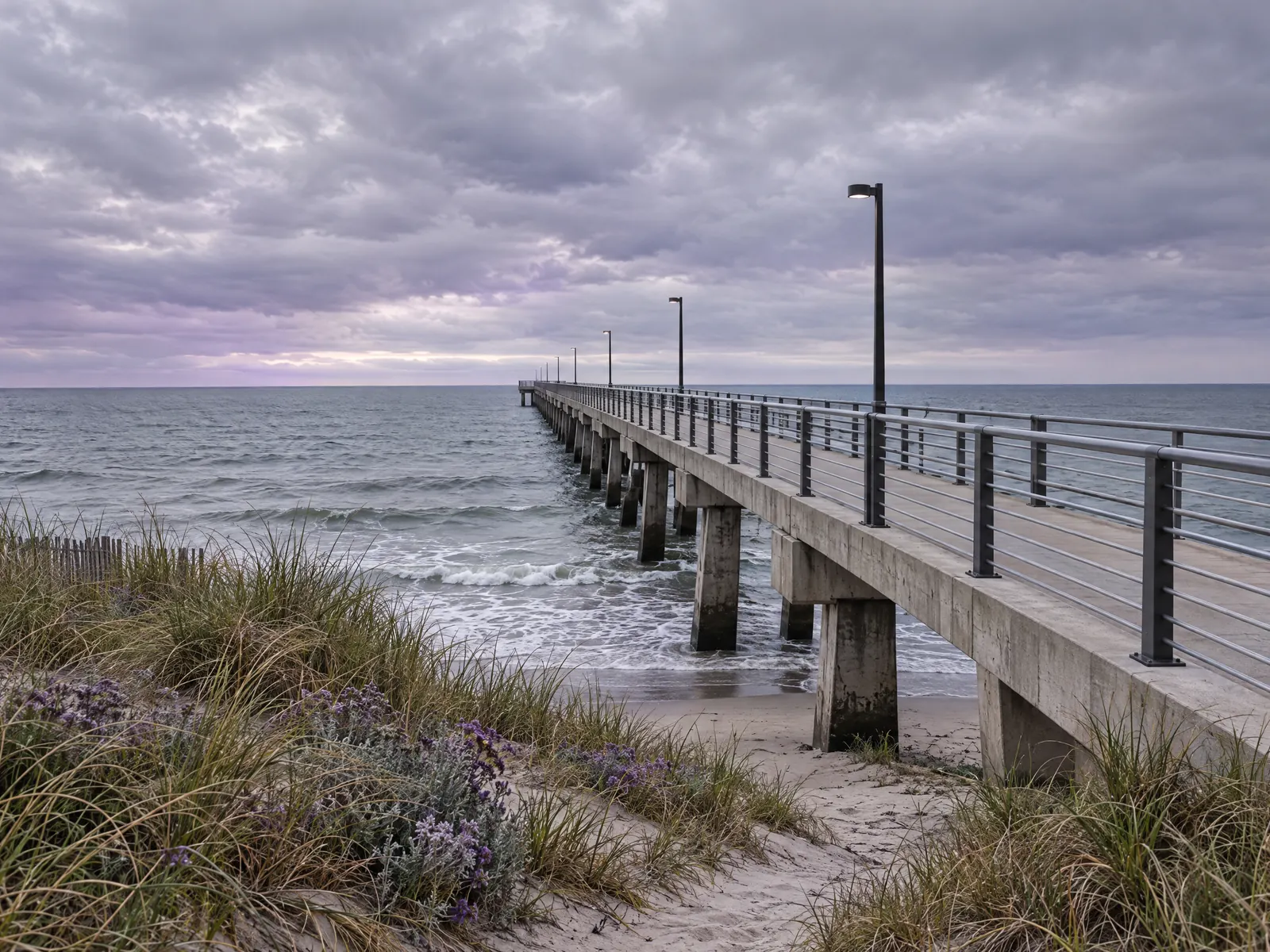Long concrete fishing pier reaching into gray water past dune grass under clouds