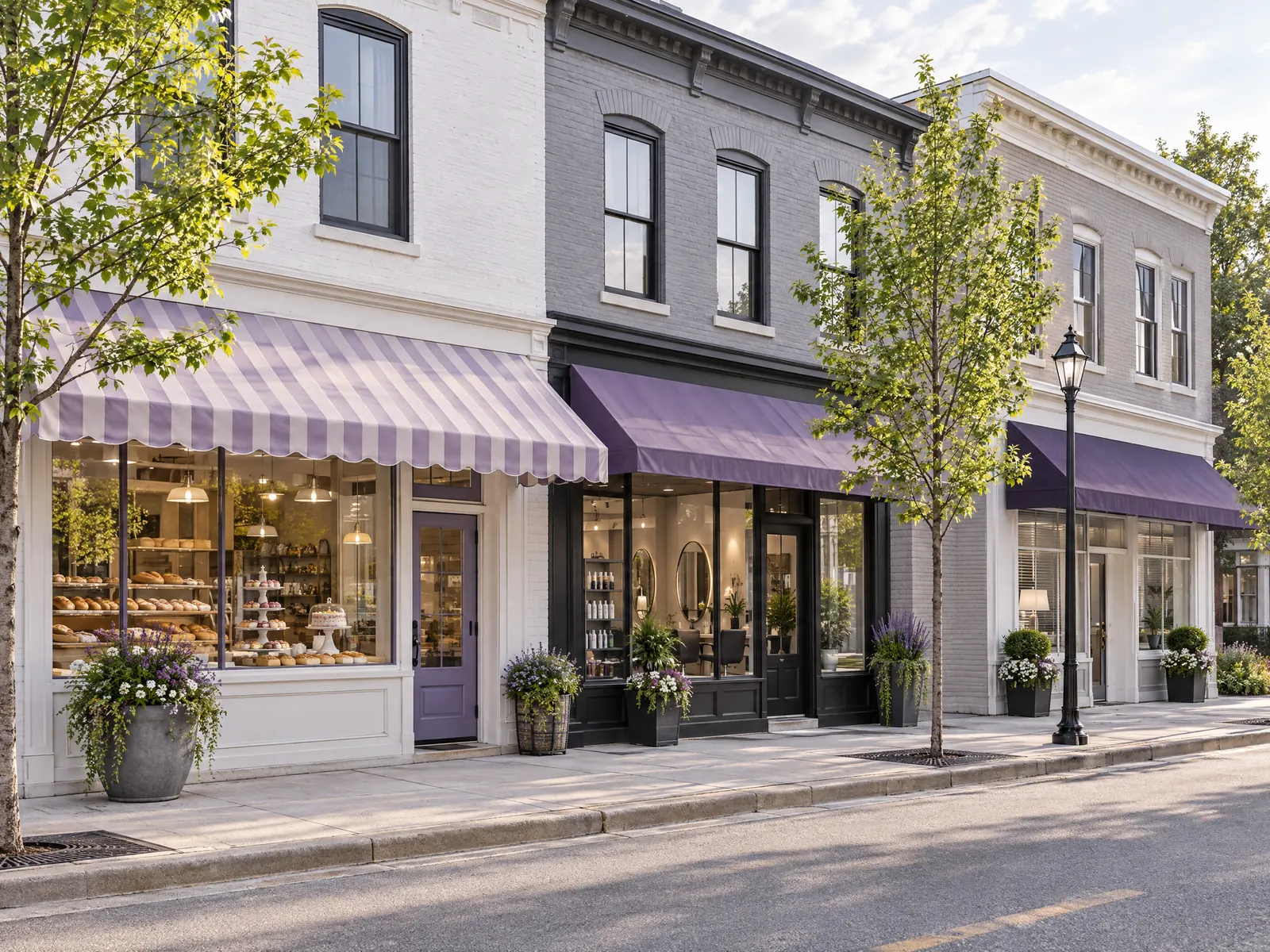 Main street storefronts with a bakery and salon under lavender awnings in morning light