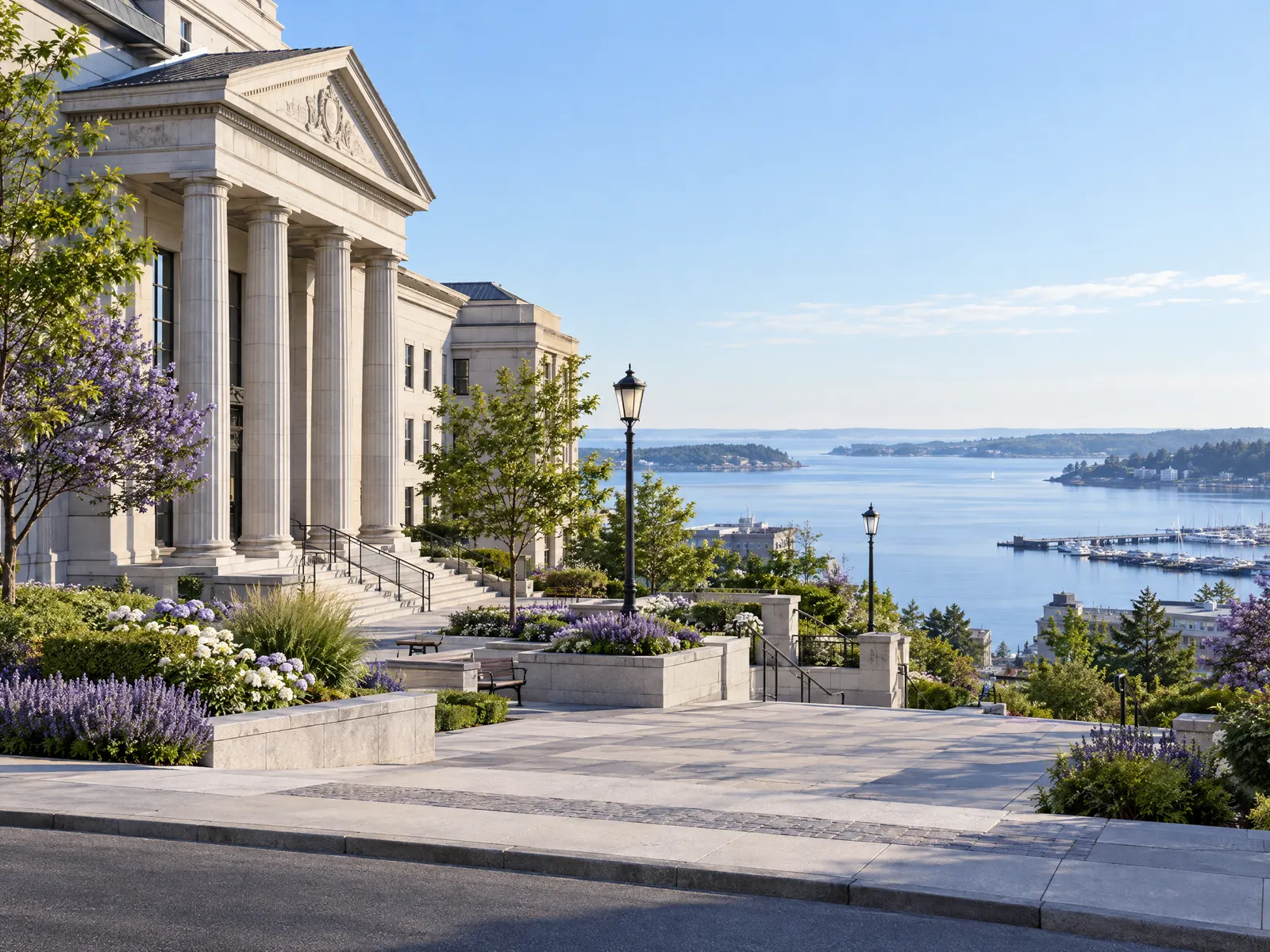 Columned stone civic building with a landscaped terrace overlooking a harbor and marina