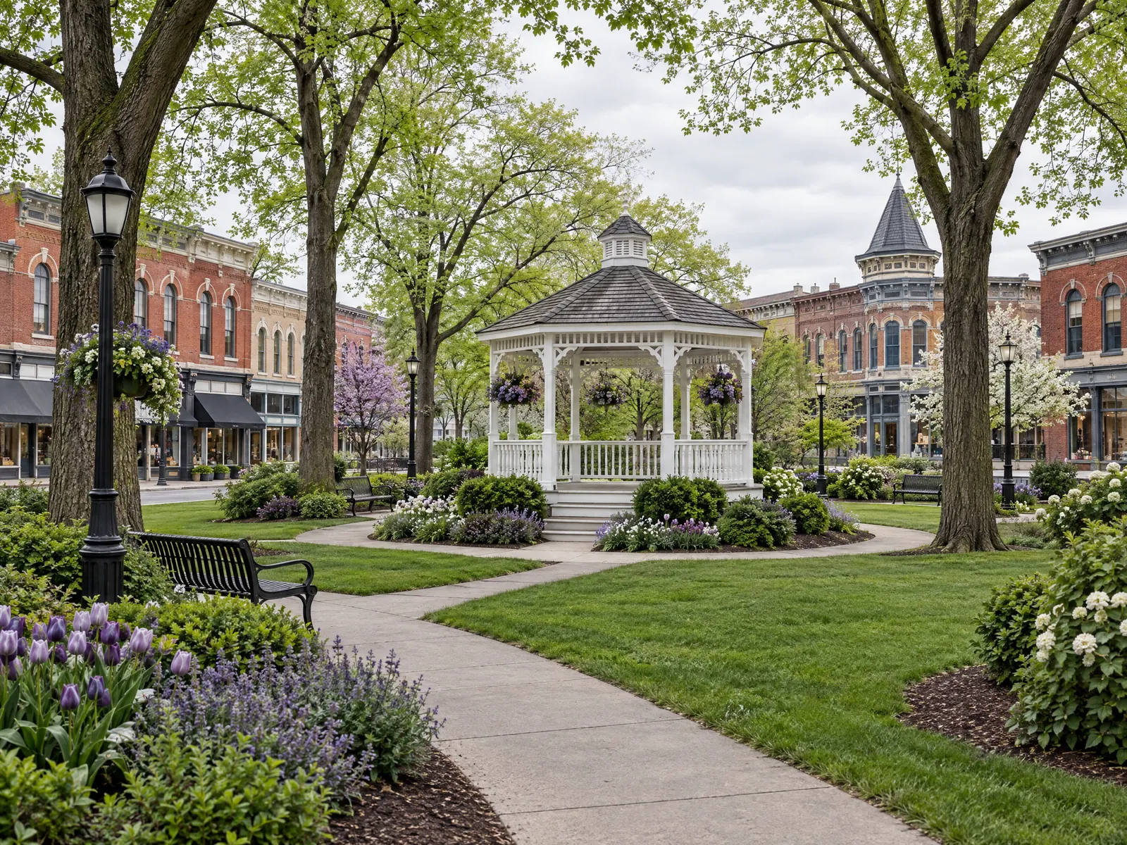 Village green with a white gazebo and spring trees framed by Victorian brick storefronts