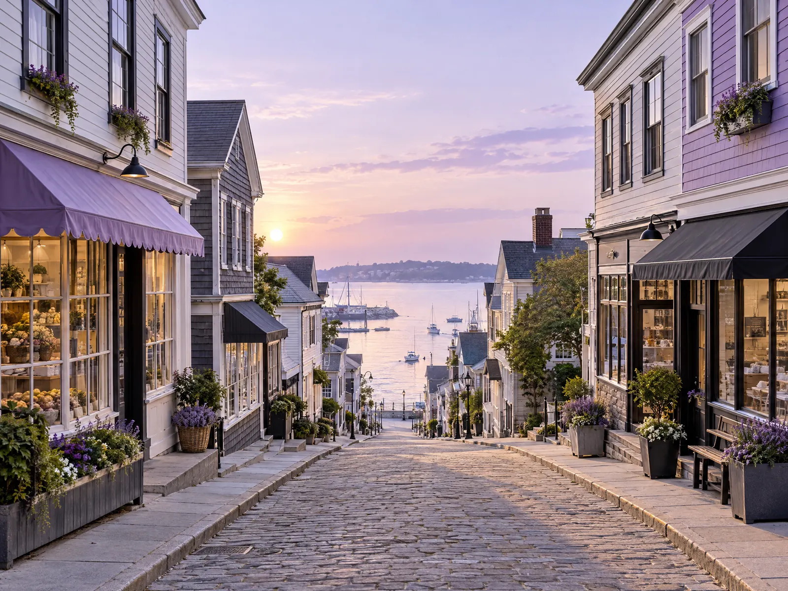 Sloping cobblestone street of small shops leading down to a harbor at sunrise