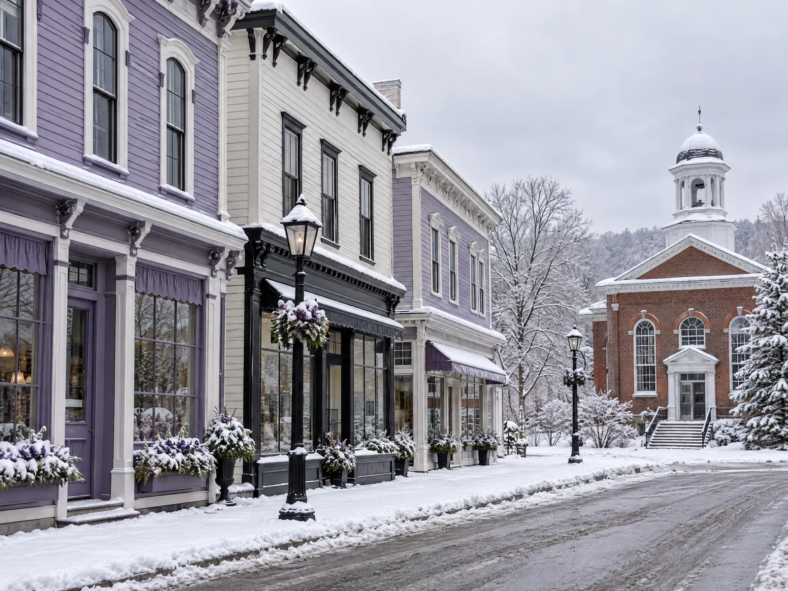 Snowy village street of clapboard storefronts with a brick building and white cupola